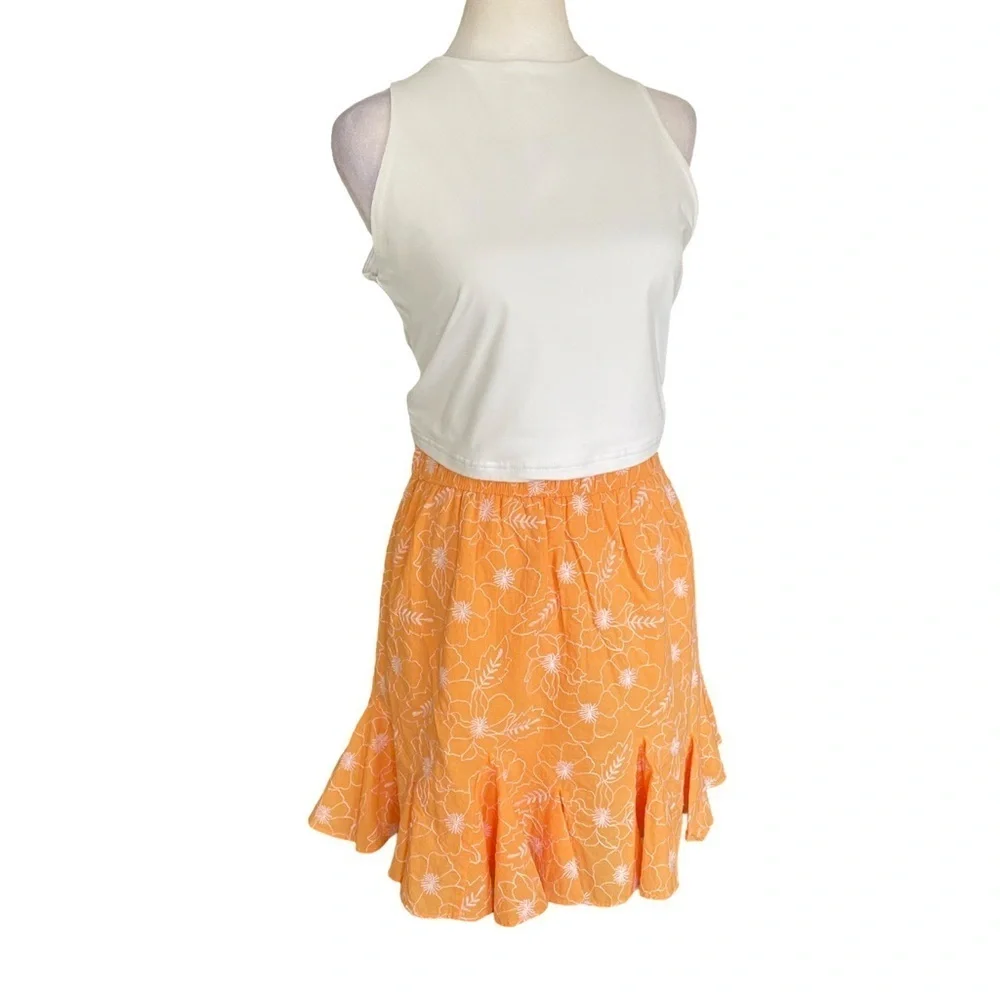 LOFT Garden Tangerine Orange and White Embroidered Godet Skirt Size Small